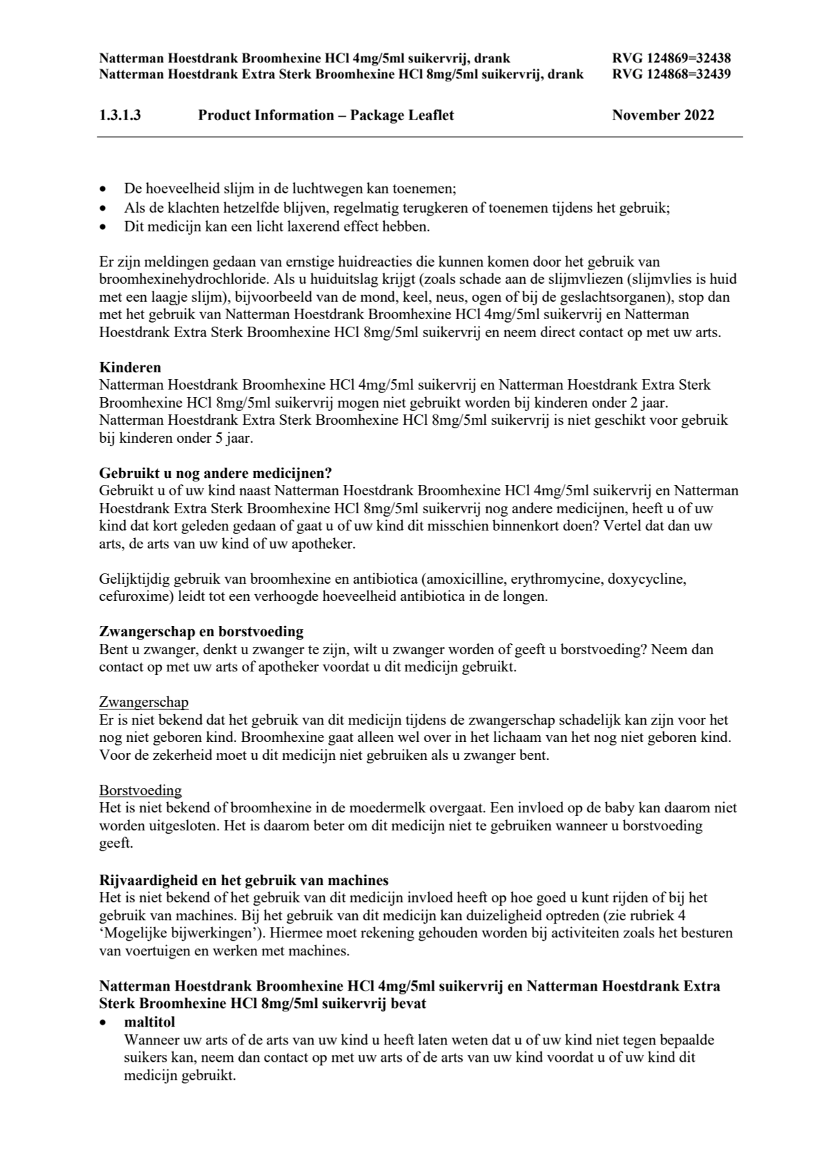 Hoestdrank Broomhexine HCI 4mg/5ml suikervrij afbeelding van document #2, leaflet