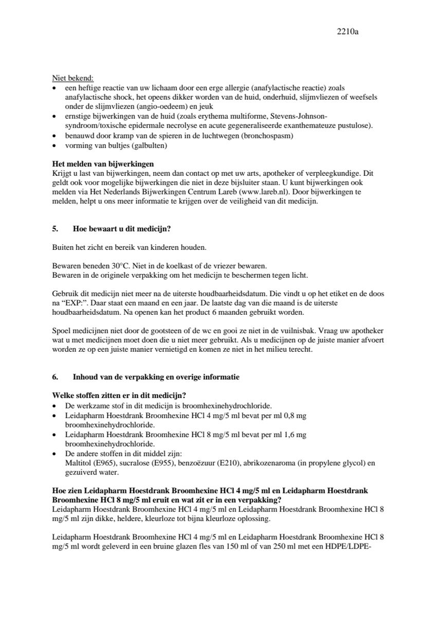 Hoestdrank Broomhexine HCI 8mg/5ml Suikervrij afbeelding van document #5, leaflet