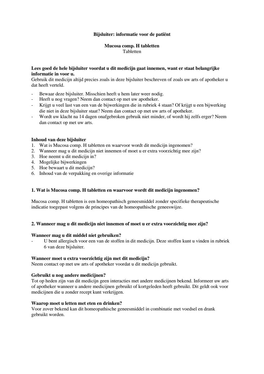 Mucosa Compositum H Tabletten afbeelding van document #1, leaflet