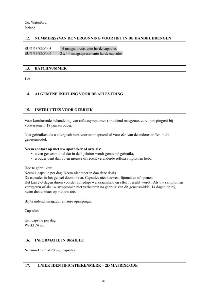 Control Tabletten 20mg Esomeprazo afbeelding van document #39, leaflet