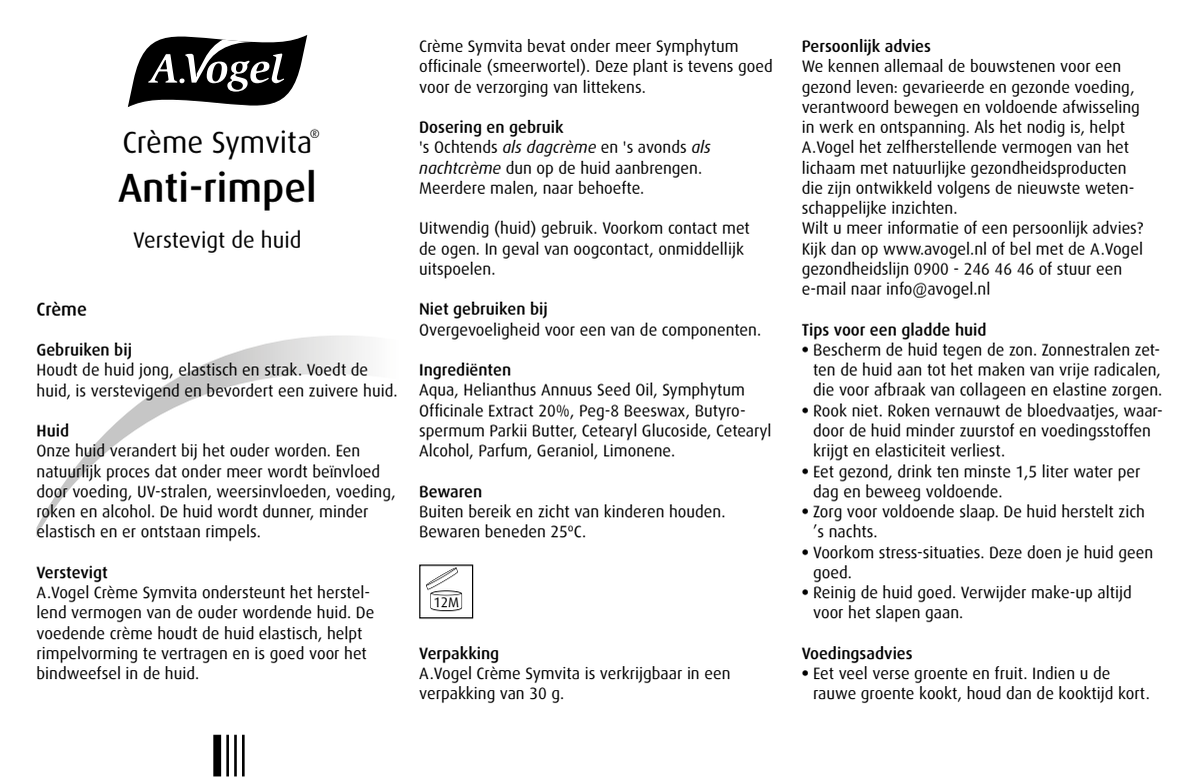 Huid Symvita Anti-Rimpel Crème afbeelding van document #1, instructions