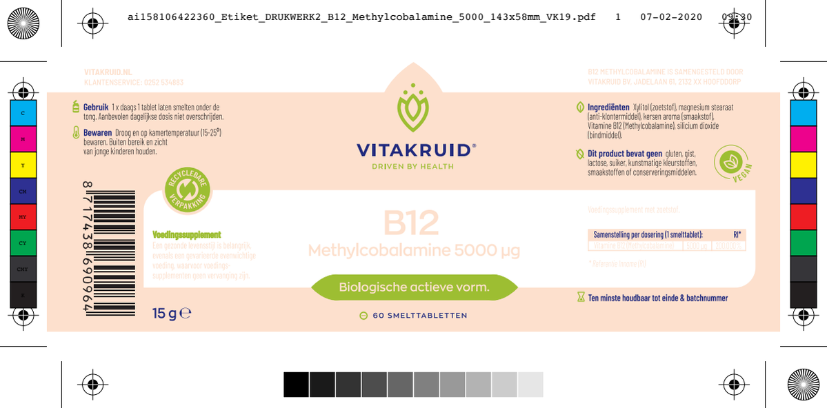 B12 5000 mcg Actief Methylcobalamine Vitamine afbeelding van document #1, label