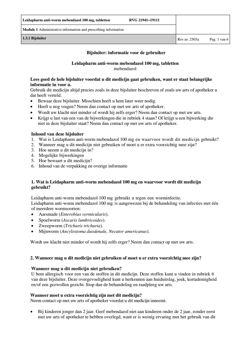 Anti Worm Mebendazol 100mg Tabletten afbeelding van document #1, leaflet