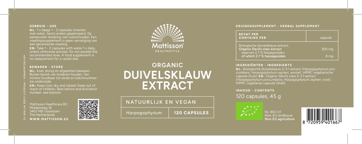 Biologisch Duivelsklauw Extract Capsules afbeelding van document #1, label