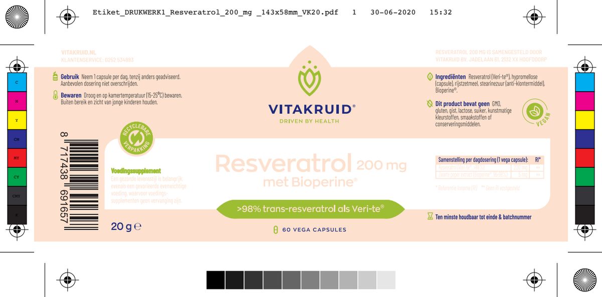 Resveratrol (Veri-te®) 200 mg met Bioperine® Capsules afbeelding van document #1, label