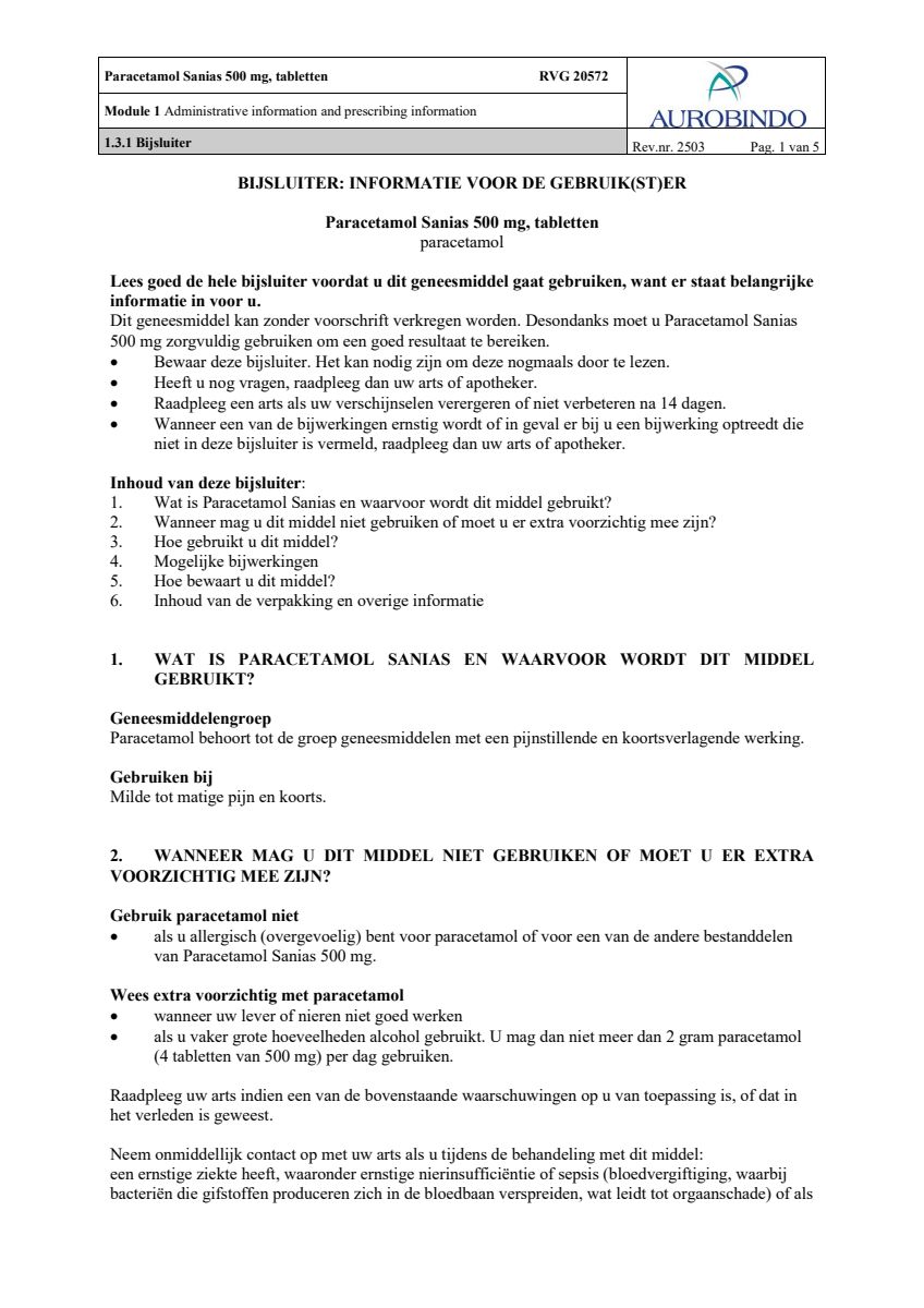 Paracetamol 500mg Tabletten afbeelding van document #1, leaflet
