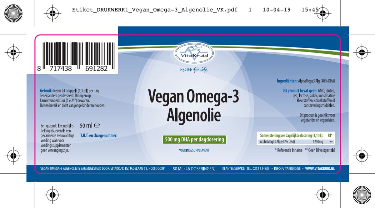 Vegan Omega 3 Algenolie 1250 Tryglyceriden 500 DHA afbeelding van document #1, label