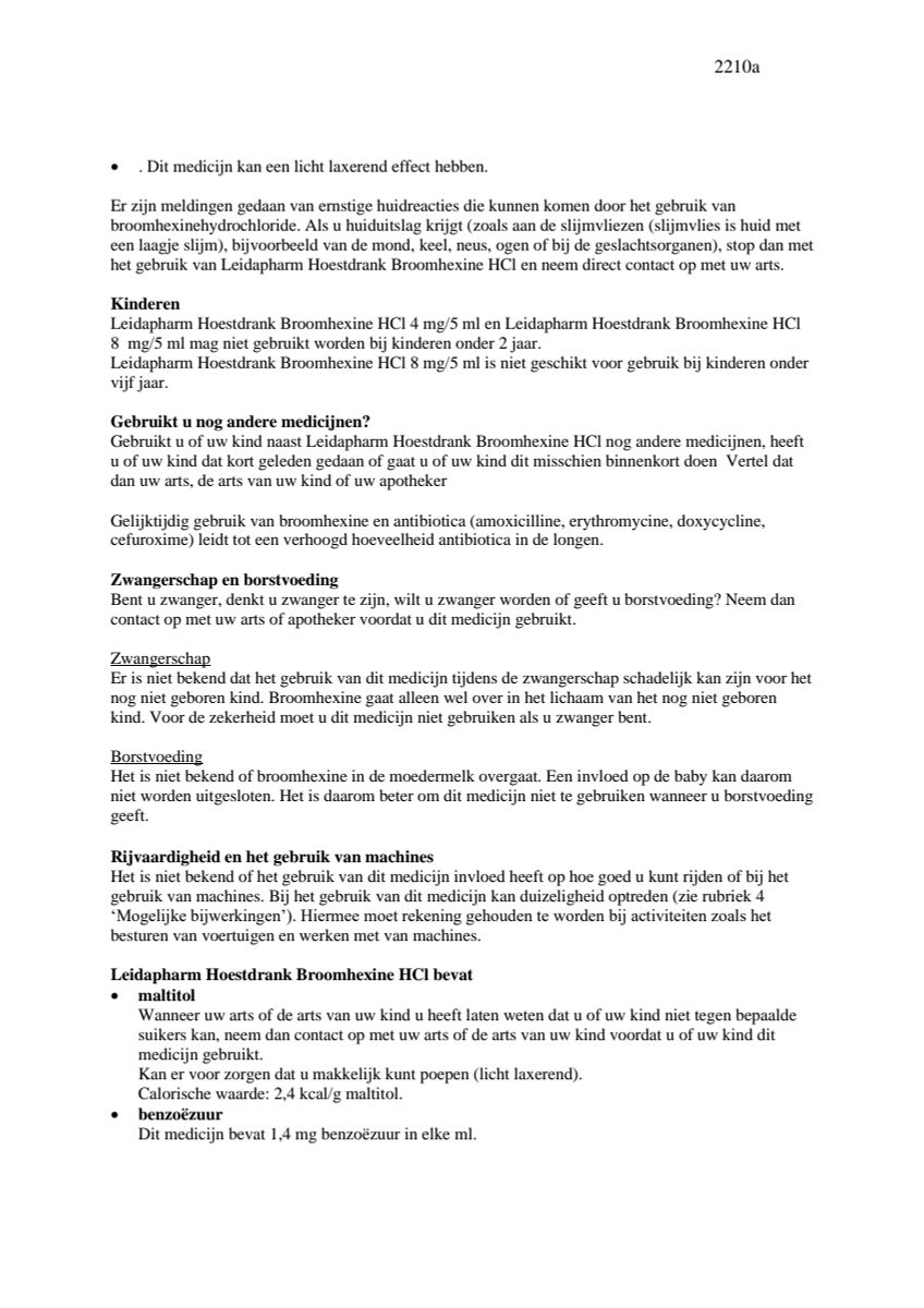 Hoestdrank Broomhexine HCI 8mg/5ml Suikervrij afbeelding van document #2, leaflet