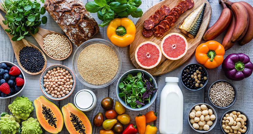 Gezonde voeding tijdens zwangerschap met avocado, noten, zaden en groenten op een lichte tafel