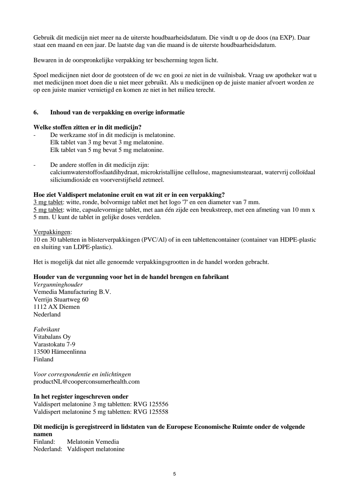 Melatonine 3 mg Tabletten afbeelding van document #5, leaflet