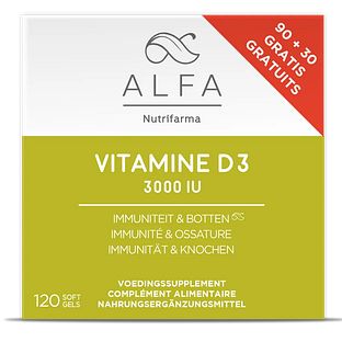 Alfa Vitamine D3 3000IU Immuniteit & Botten Softgels 120SG Alfa Vitamine D3 3000IU Immuniteit & Botten Softgels 120SG