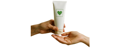handen die een tube vasthouden met een groen hartje in een groen kader