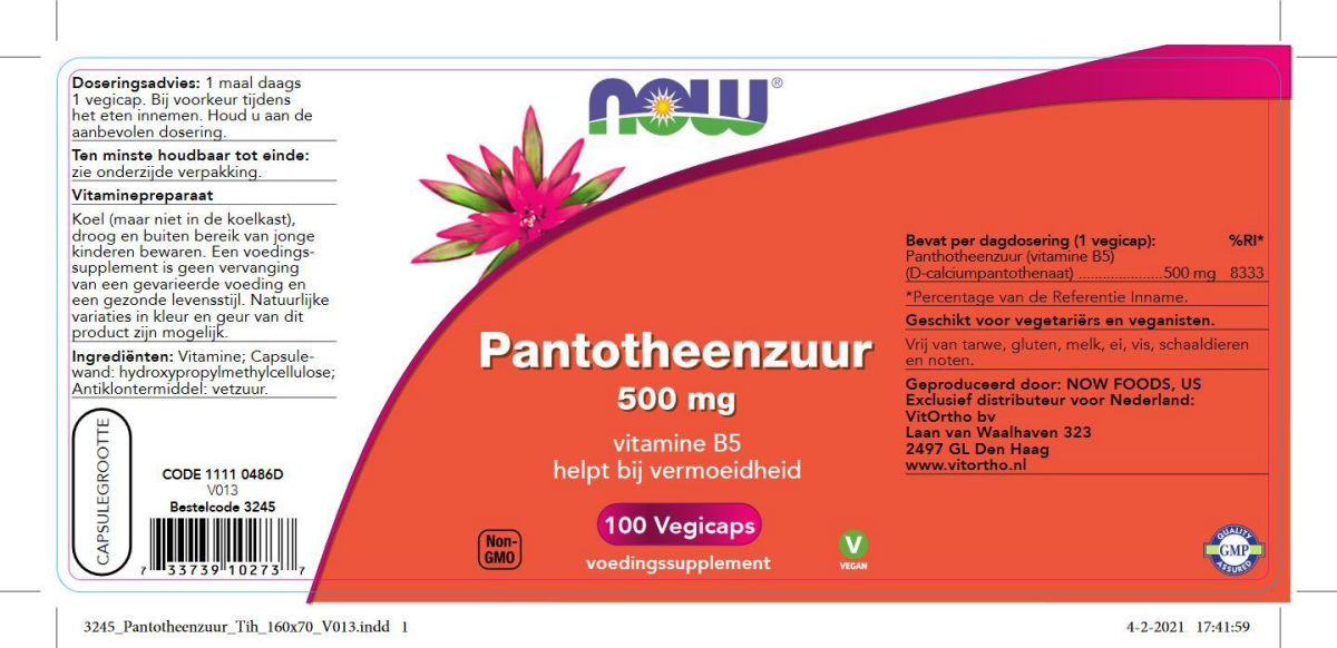 Pantotheenzuur 500 mg capsules afbeelding van document #1, label