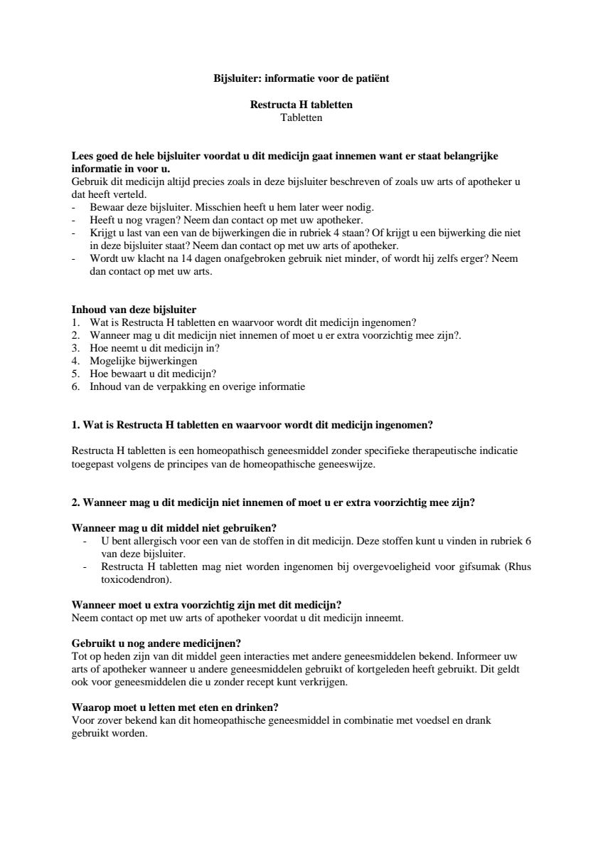 Restructa H Tabletten afbeelding van document #1, leaflet