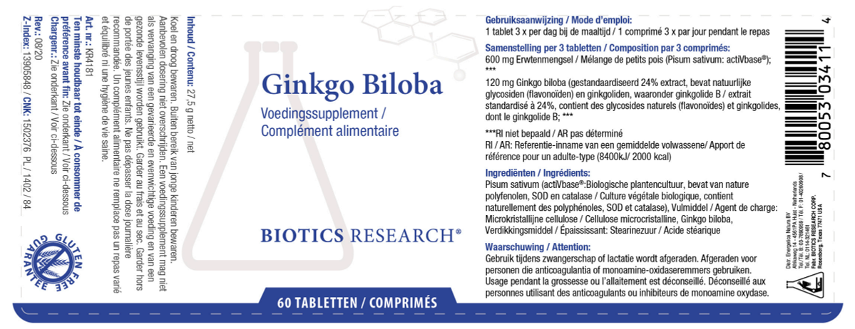 Ginkgo Biloba (24%) Tabletten afbeelding van document #1, label