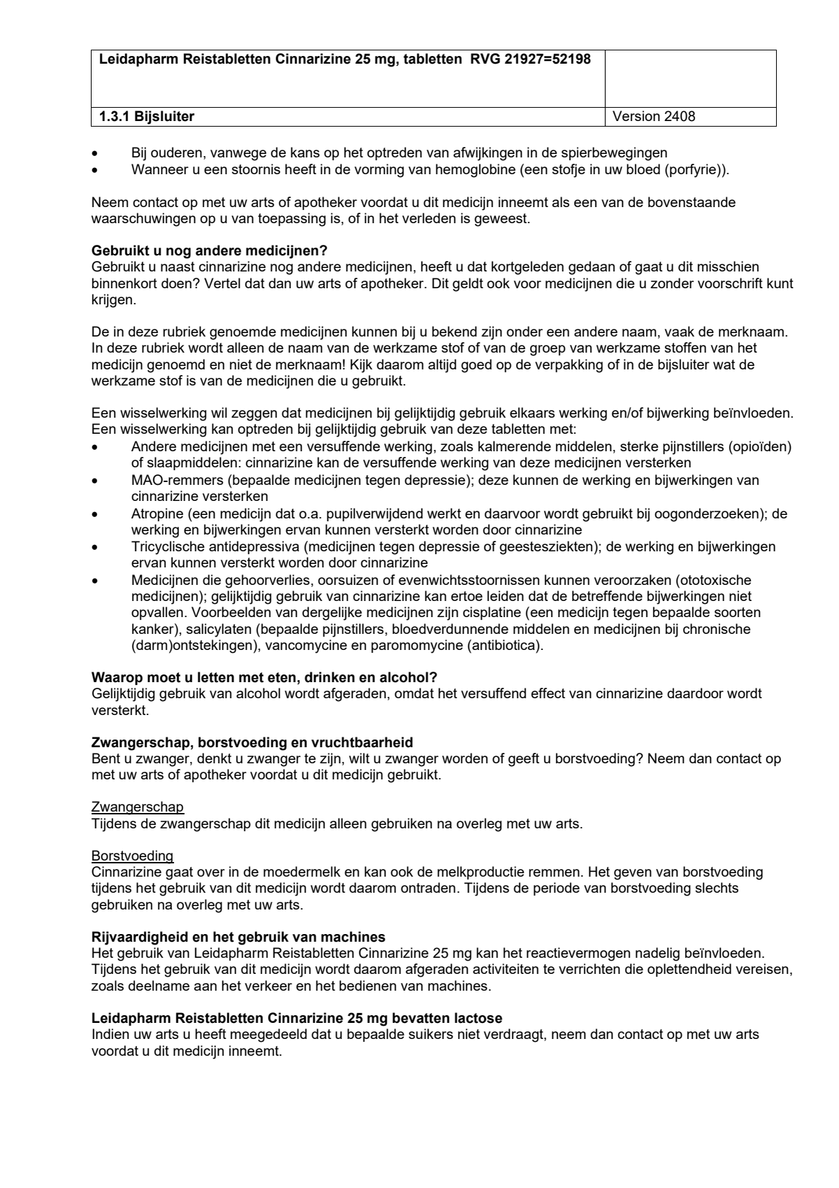 Reistabletten Cinnarizine 25 mg Tabletten afbeelding van document #2, leaflet