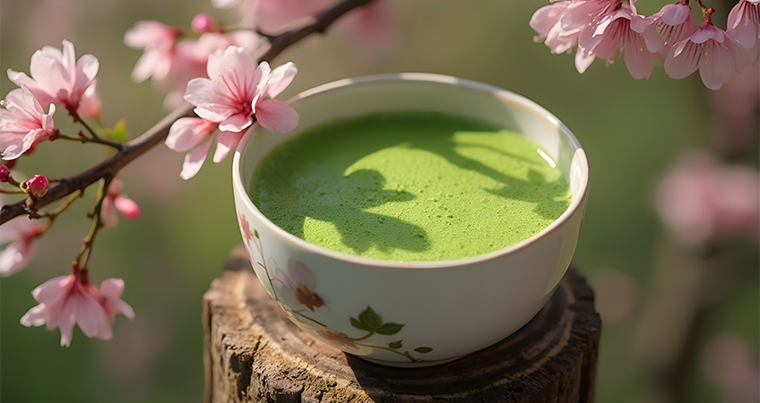 Een kopje matcha met een kersenbloesem.