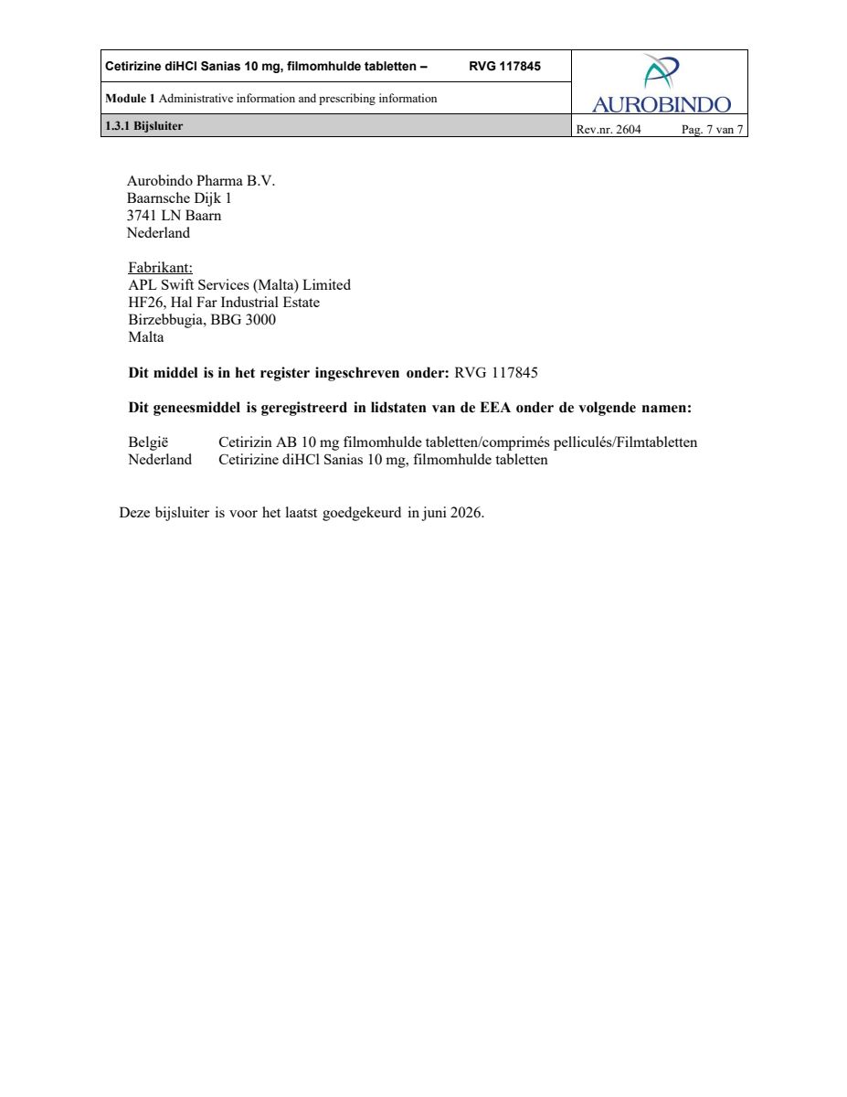 Cetirizine 10mg Tabletten - bij hooikoorts en vergelijkbare allergische reacties - afbeelding van document #7, leaflet