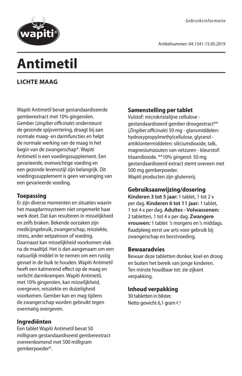 Antimetil Gember Tabletten afbeelding van document #1, instructions