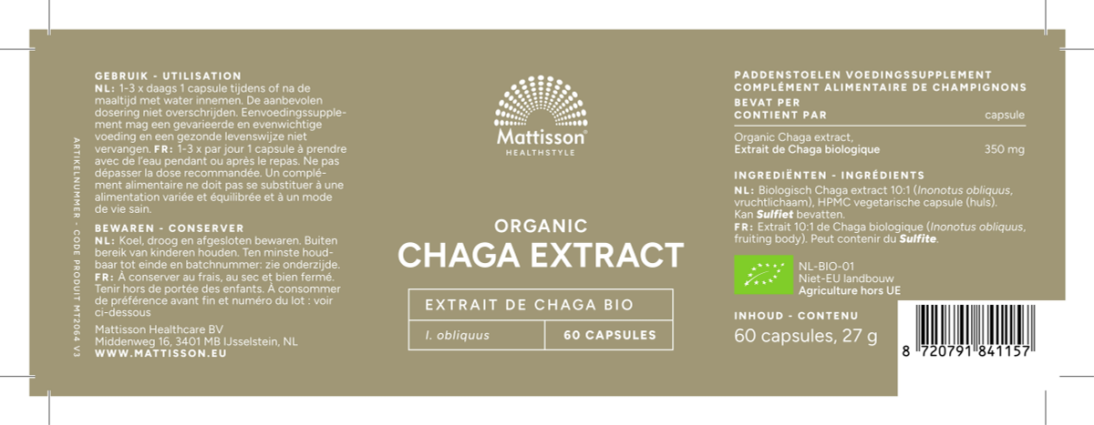 Mattisson Biologisch Chaga Extract Capsules afbeelding van document #1, label