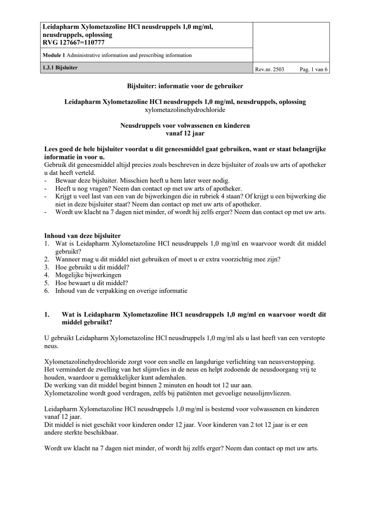 Neusdruppels Xylometazoline HCl 1 mg/ml afbeelding van document #1, leaflet