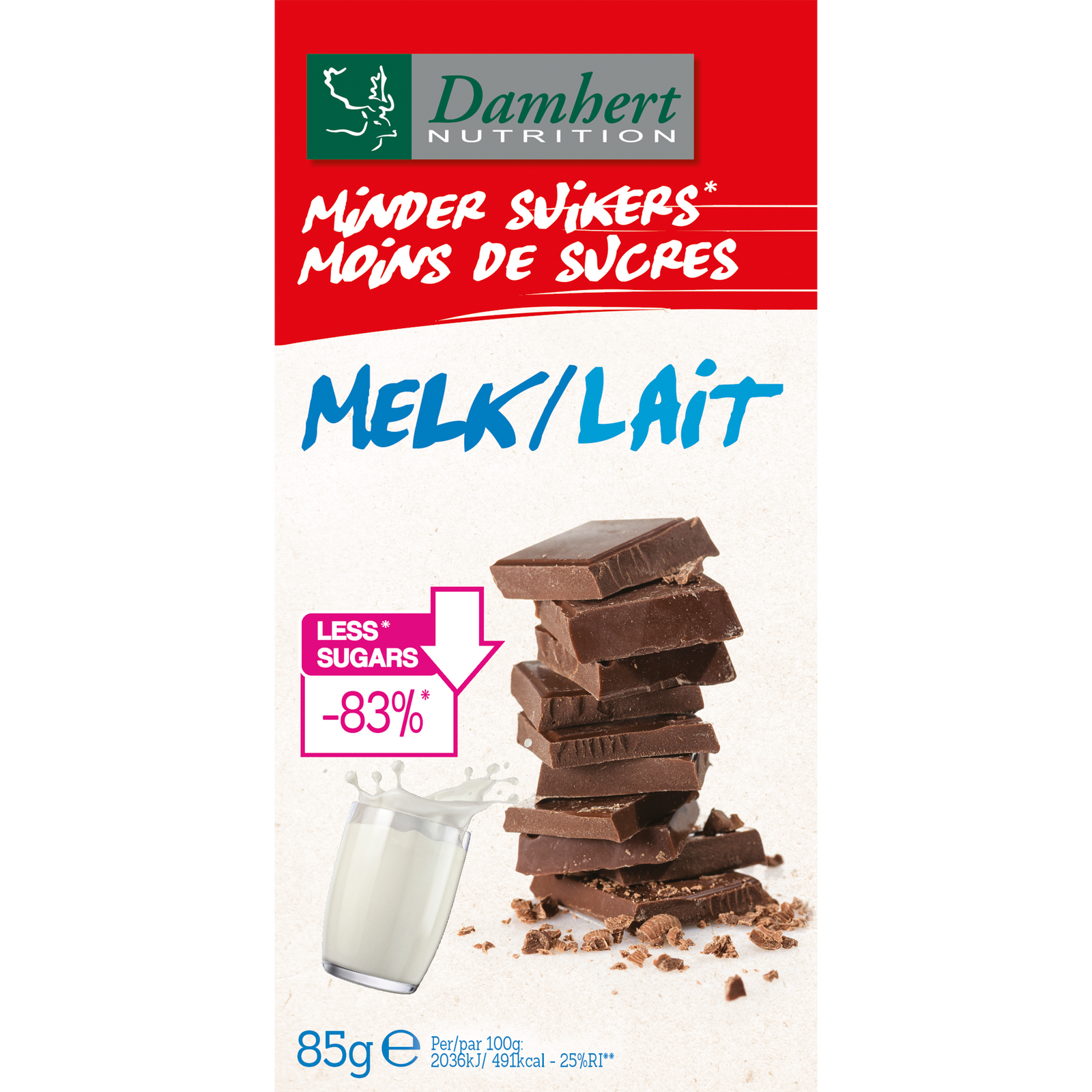 Damhert Minder Suikers Chocoladetablet Melk afbeelding