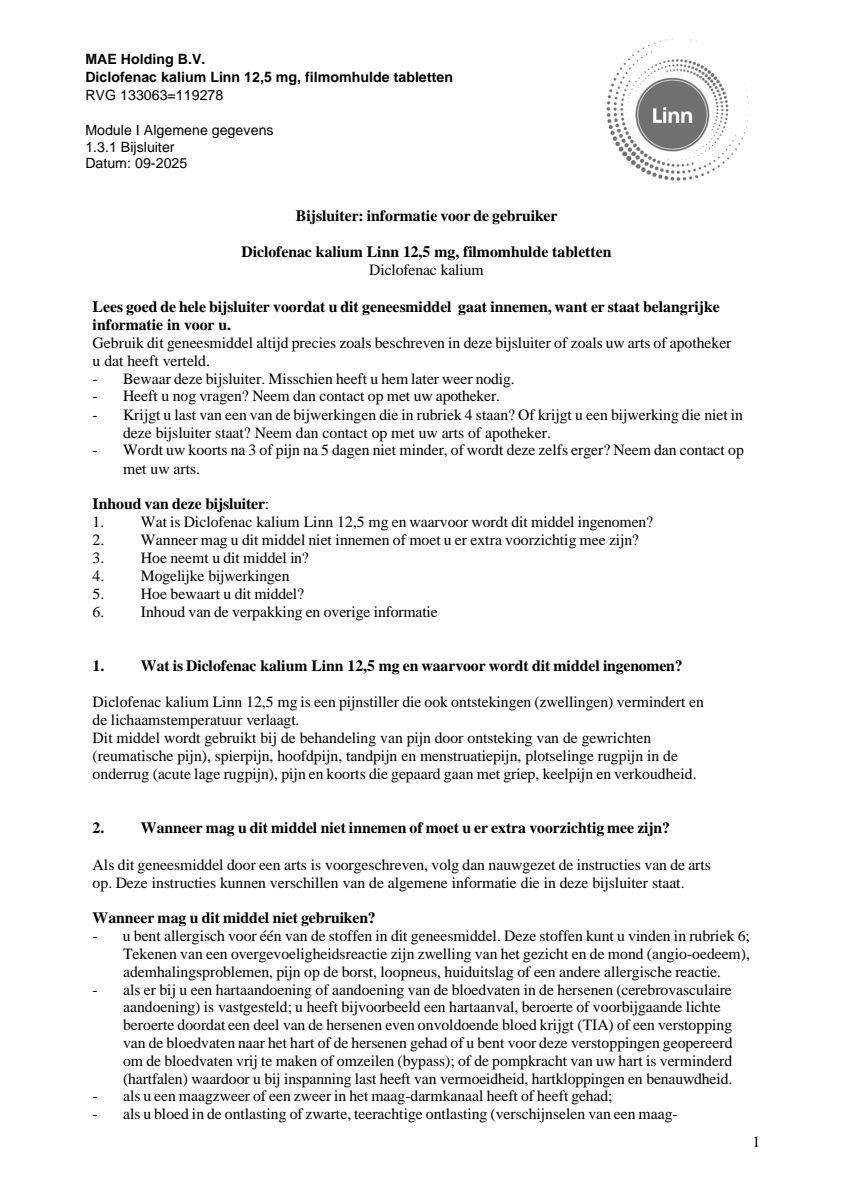 Diclofenac Kalium 12.5mg Filmomhulde Tabletten afbeelding van document #1, leaflet