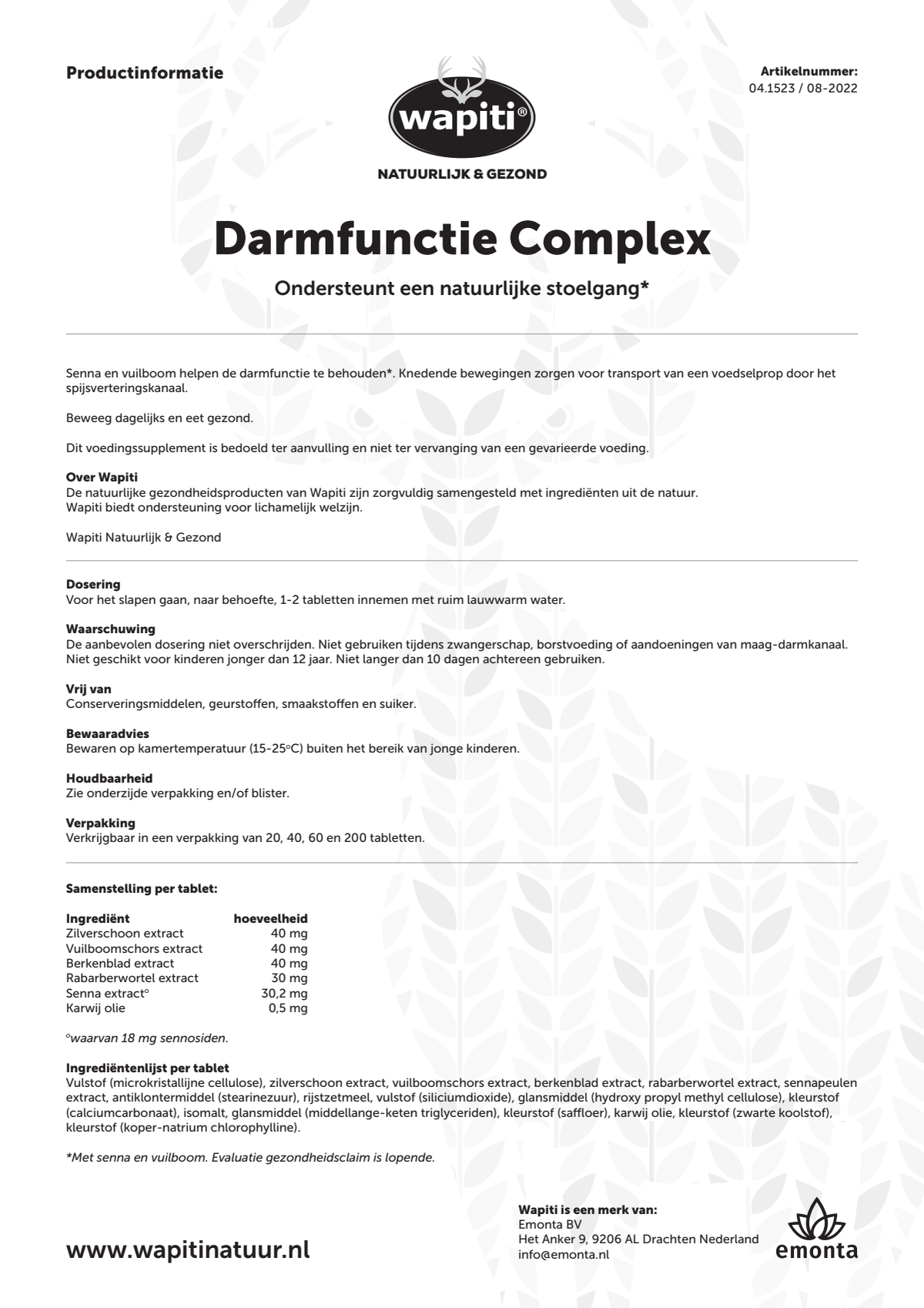 Darmfunctie Complex Tabletten afbeelding van document #1, instructions