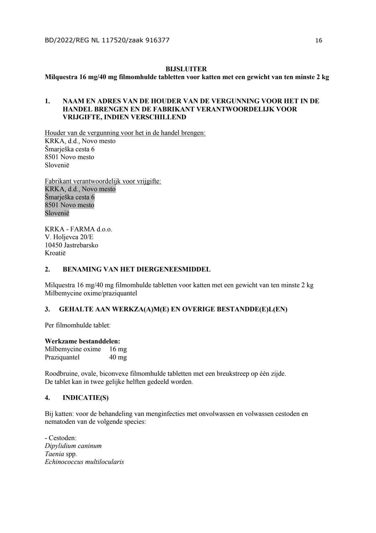 Milquestra Ontwormingsmiddel Katten vanaf 2KG - afbeelding van document #16, leaflet