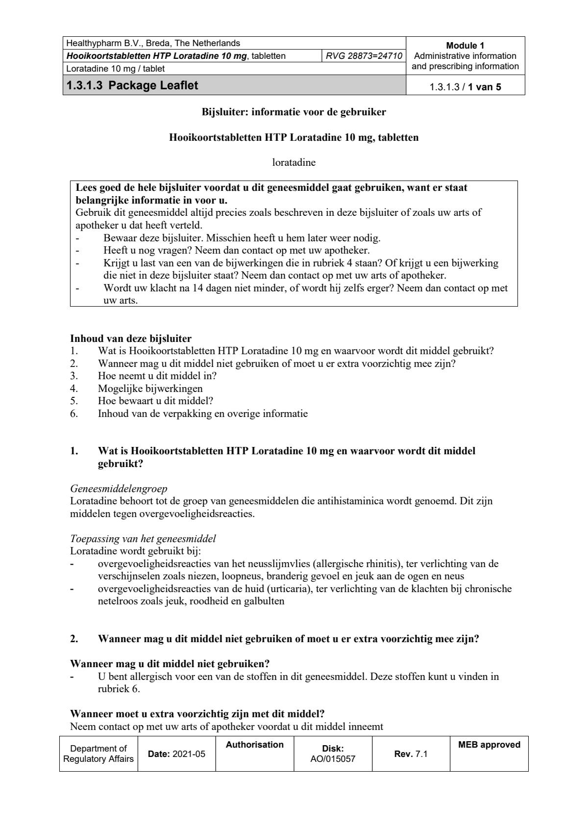 Loratadine Hooikoortstabletten - Bij hooikoorts en vergelijkbare allergische reacties afbeelding van document #1, leaflet
