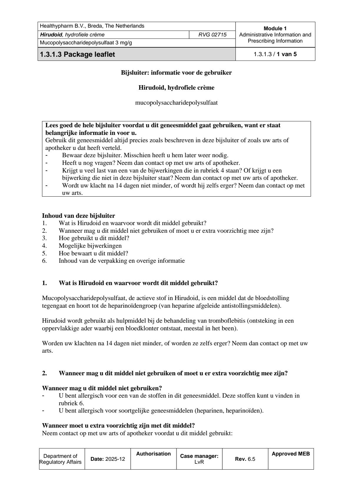 Hirudoid Hydrofiele Crème 3mg afbeelding van document #1, leaflet