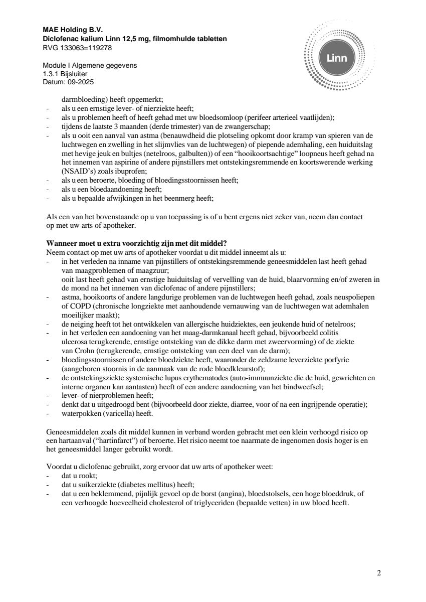 Diclofenac Kalium 12.5mg Filmomhulde Tabletten afbeelding van document #2, leaflet