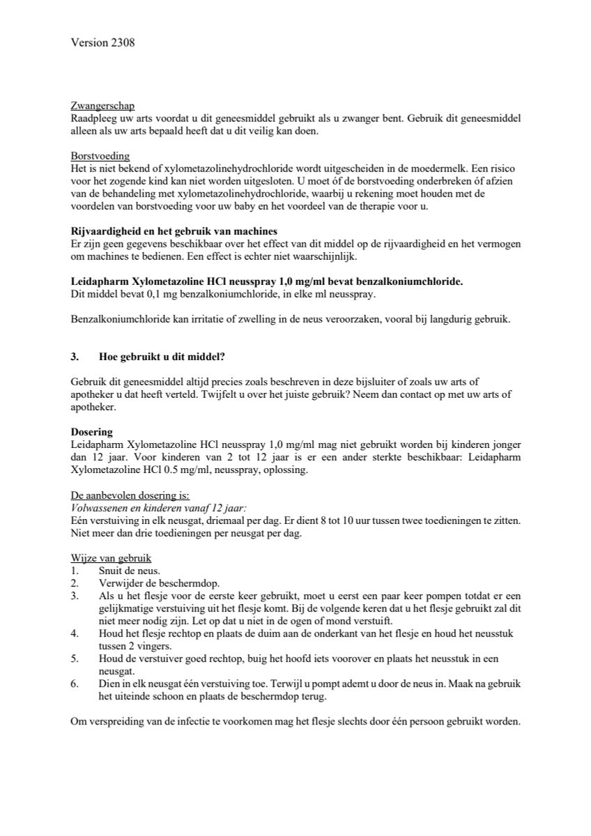 Neusspray Xylometazoline HCl 1 mg/ml afbeelding van document #3, leaflet
