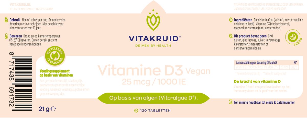 Vitamine D3 Vegan 25 mcg / 1000 IE afbeelding van document #1, label