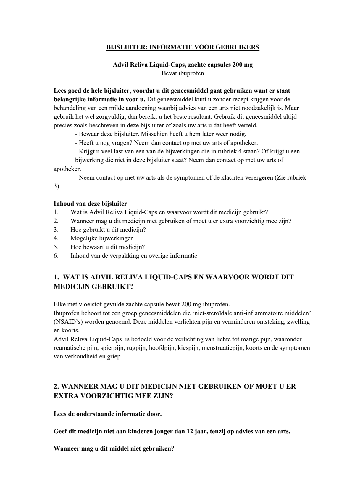 Advil Reliva Liquid Capsules 200 mg - voor pijn en koorts afbeelding van document #1, leaflet