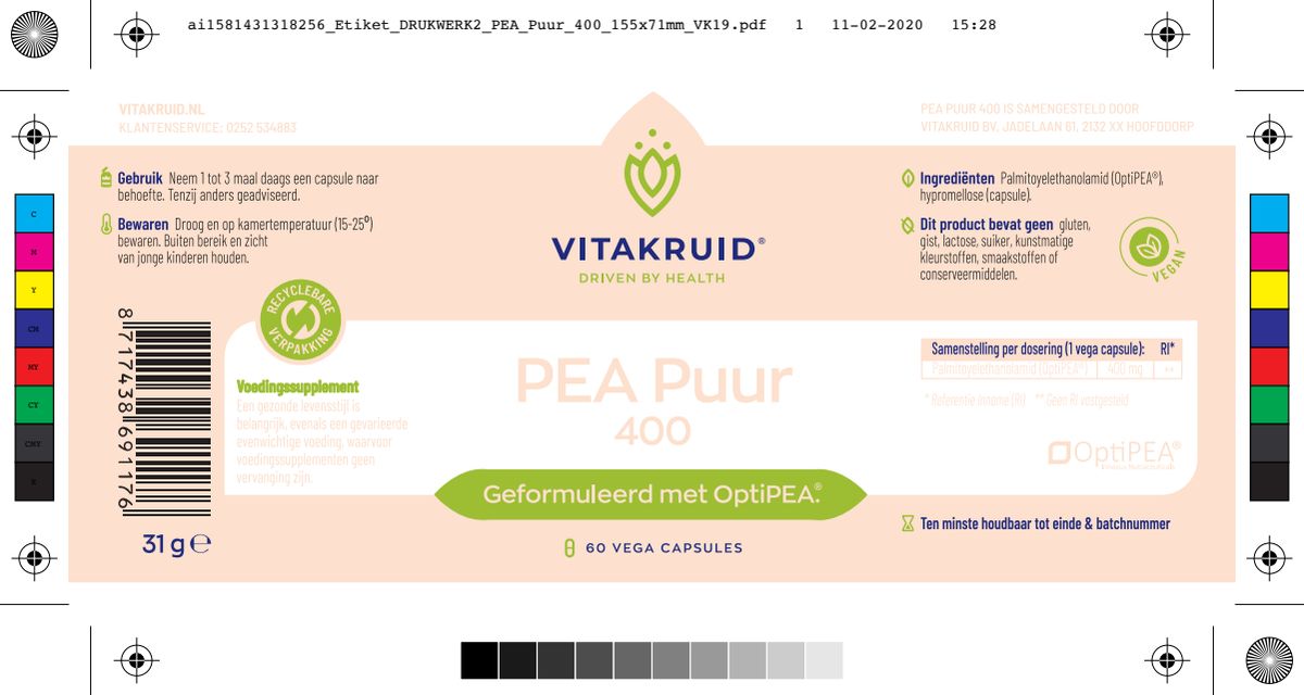 PEA Puur 400 OptiPEA® Capsules afbeelding van document #1, label