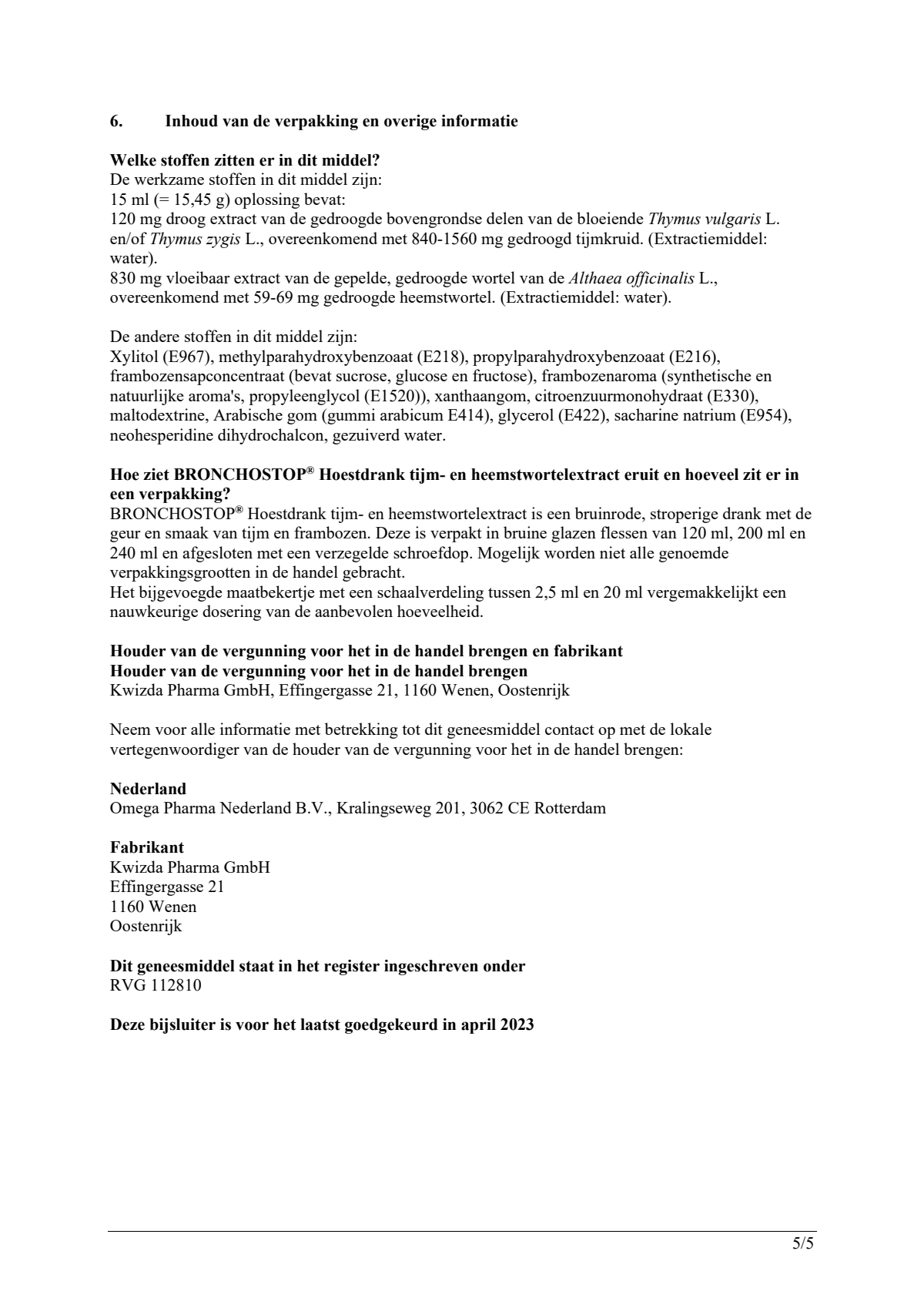 Tijm- en Heemstwortelextract Hoestdrank afbeelding van document #5, leaflet
