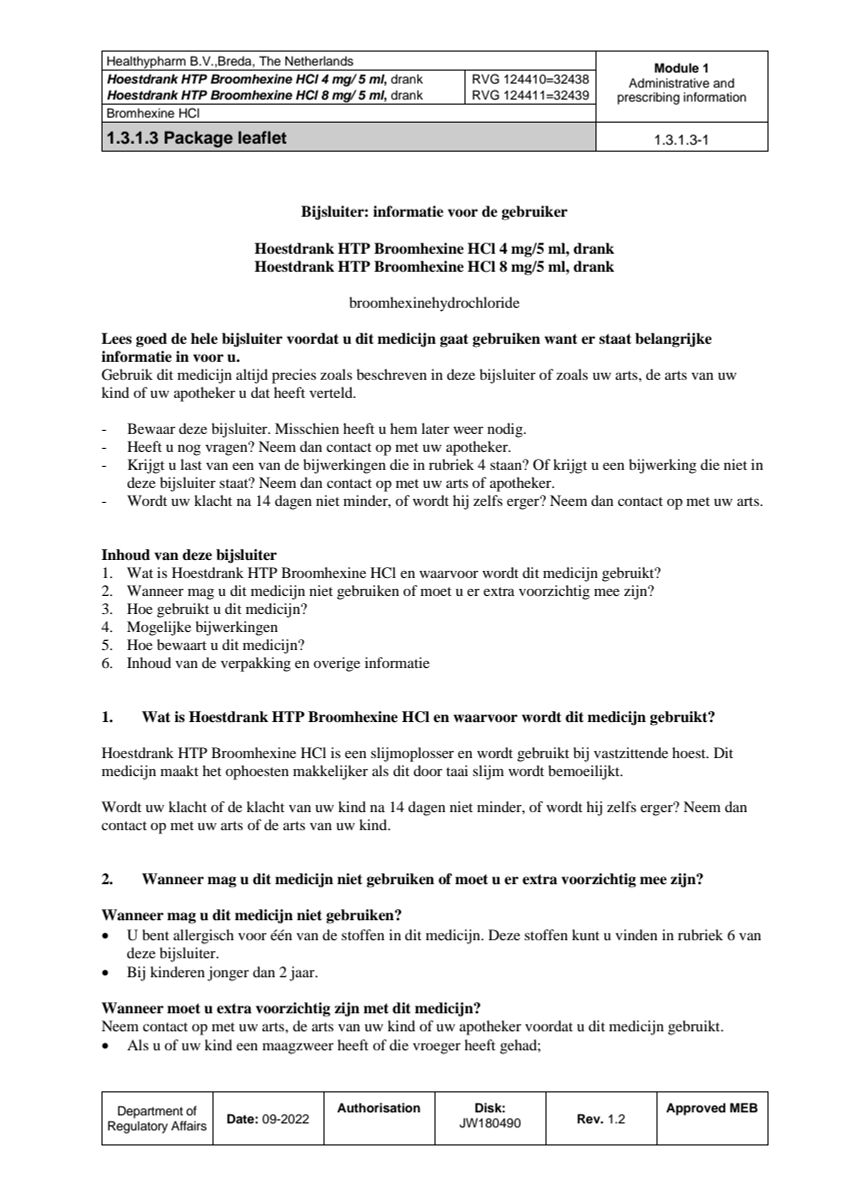 Hoestdrank Broomhexine HCI 4mg/5ml afbeelding van document #1, leaflet