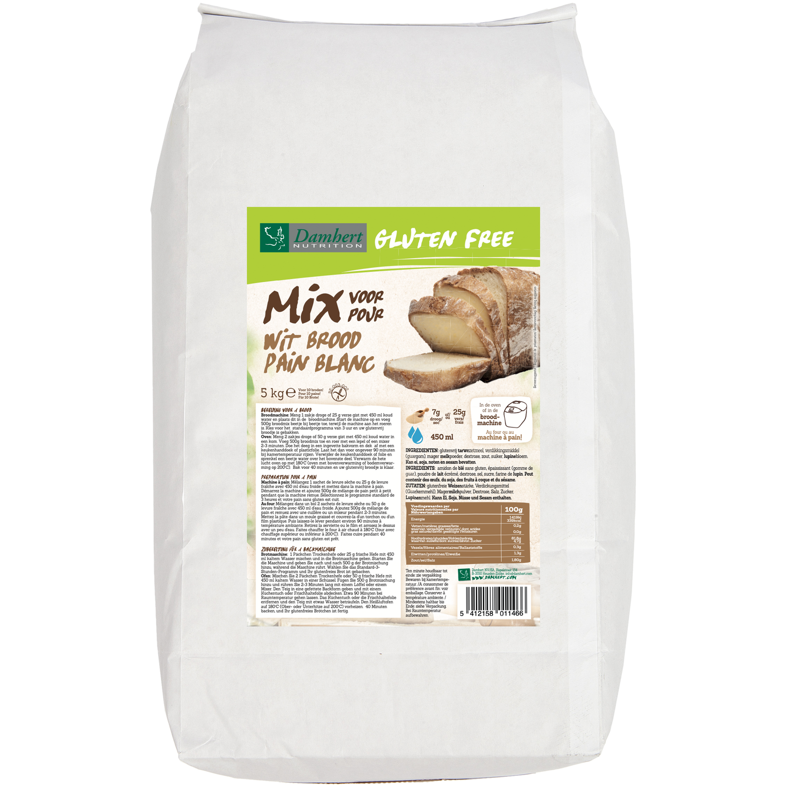 Damhert Gluten Free Broodmix Wit Groot afbeelding