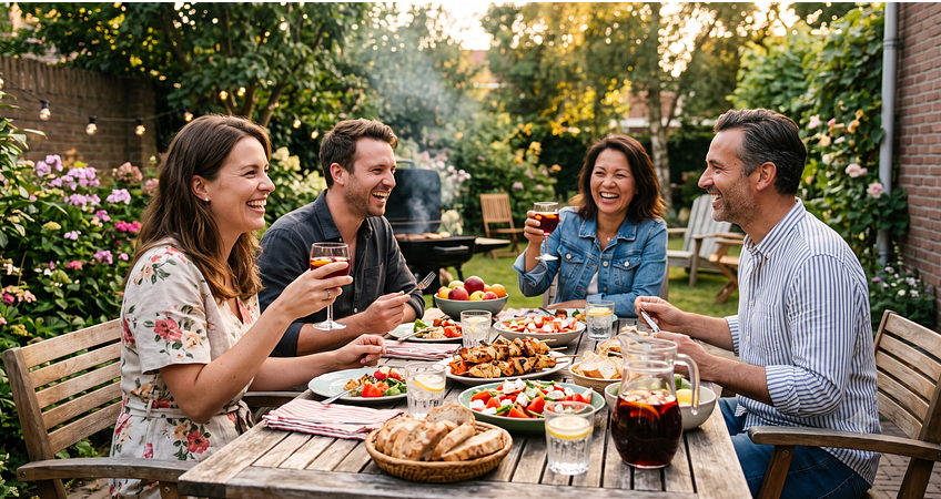 Mensen genieten in de zomer van een maaltijd buiten
