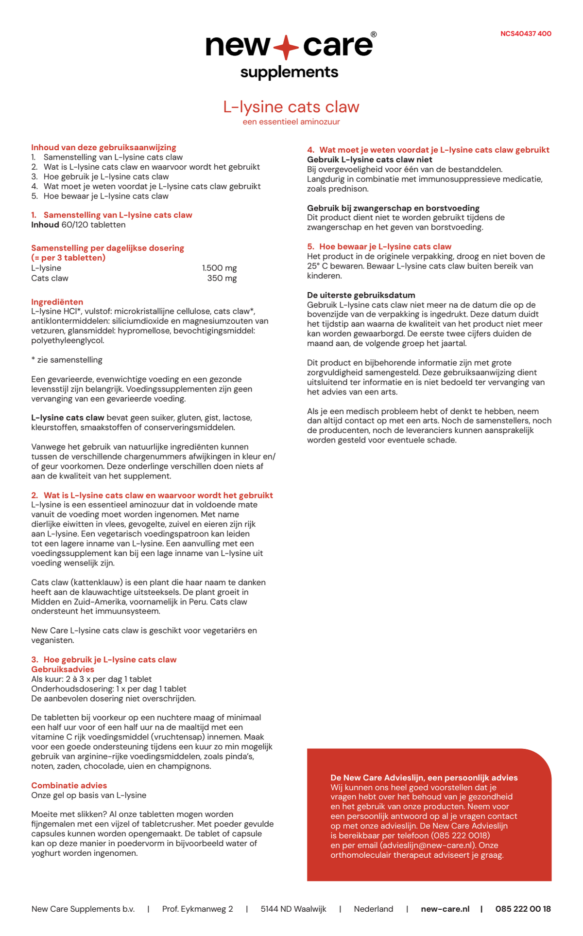L-Lysine Cats Claw Tabletten afbeelding van document #1, instructions