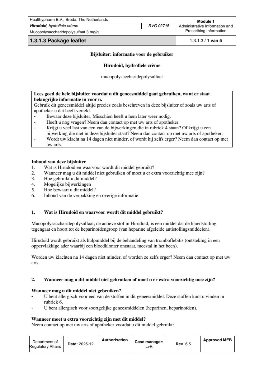 Hirudoid Hydrofiele Crème 3mg afbeelding van document #1, leaflet