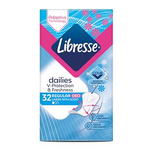 Libresse Dailies V-Protection Regular Deo Fresh Inlegkruisjes 32ST Libresse Dailies V-Protection Regular Deo Fresh Inlegkruisjes 32ST