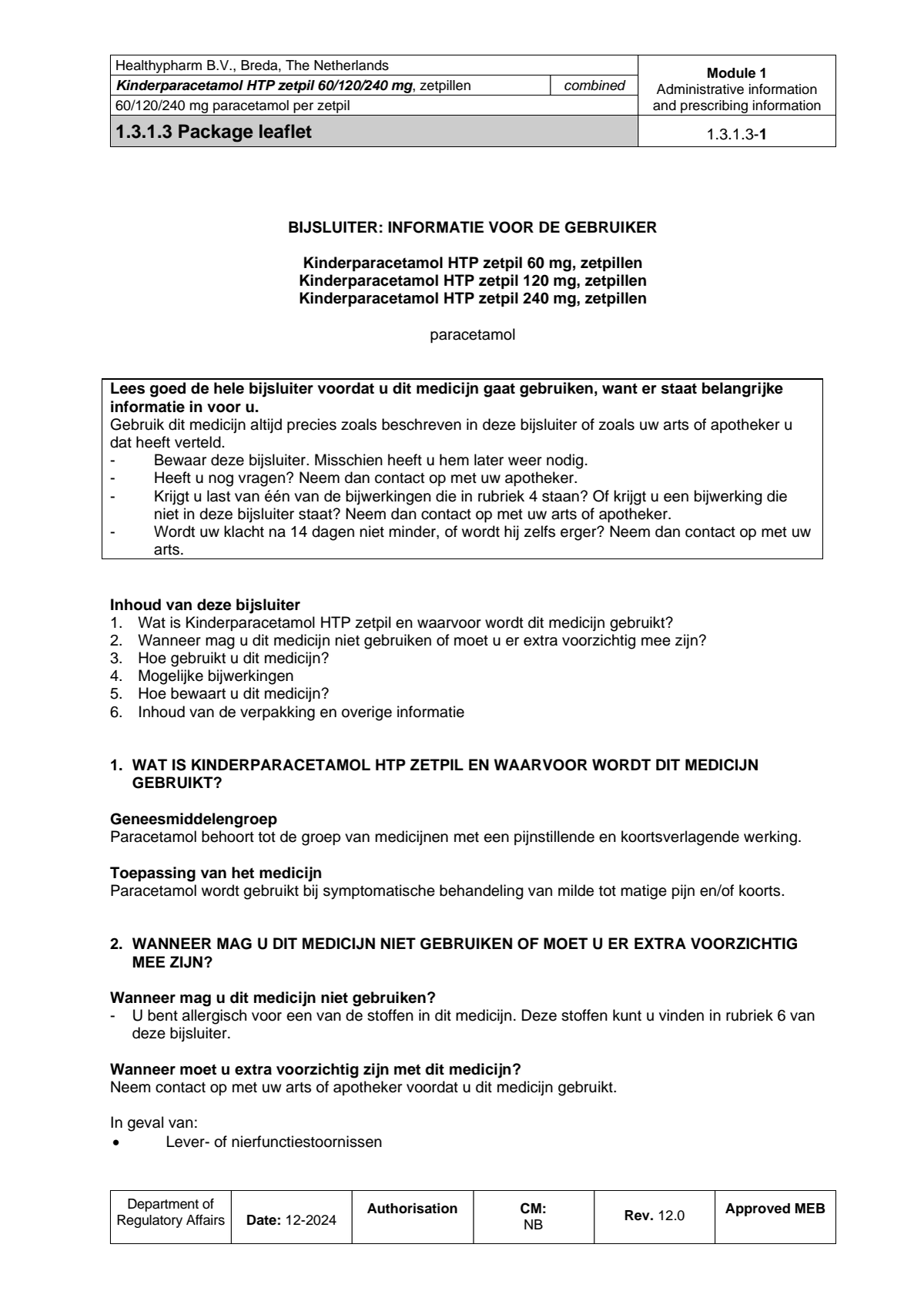 Kinderparacetamol HTP Zetpil 240mg afbeelding van document #1, leaflet