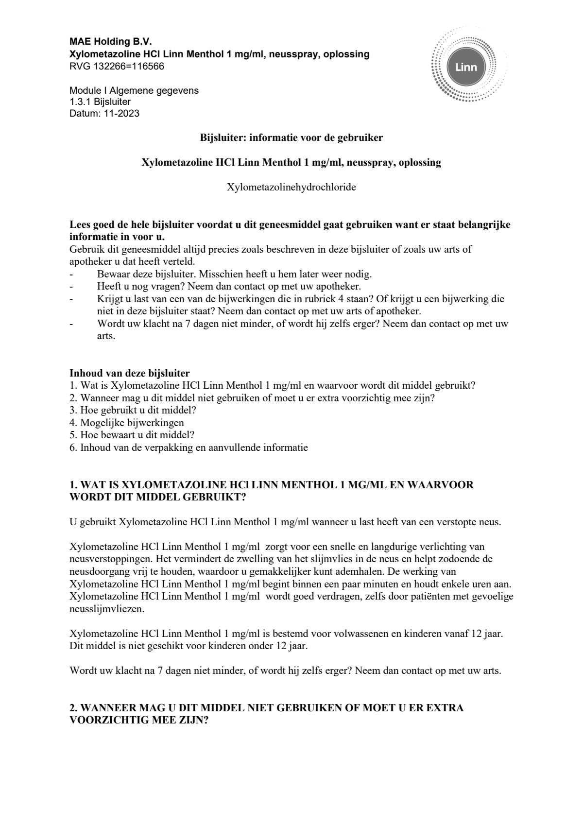 Xylometazoline 1mg/ml Menthol Neusspray afbeelding van document #1, leaflet