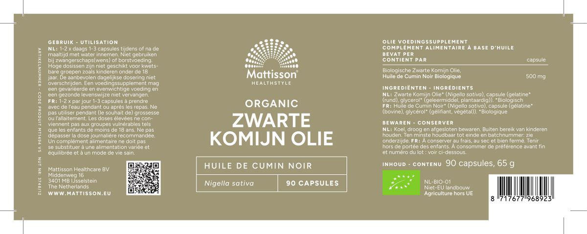Organic Zwarte Komijn 500mg Capsules afbeelding van document #1, label