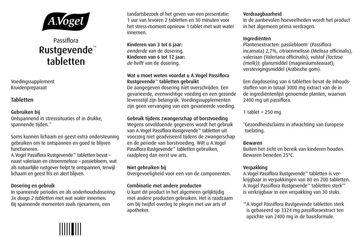Passiflora Rustgevende* Tabletten afbeelding van document #1, instructions