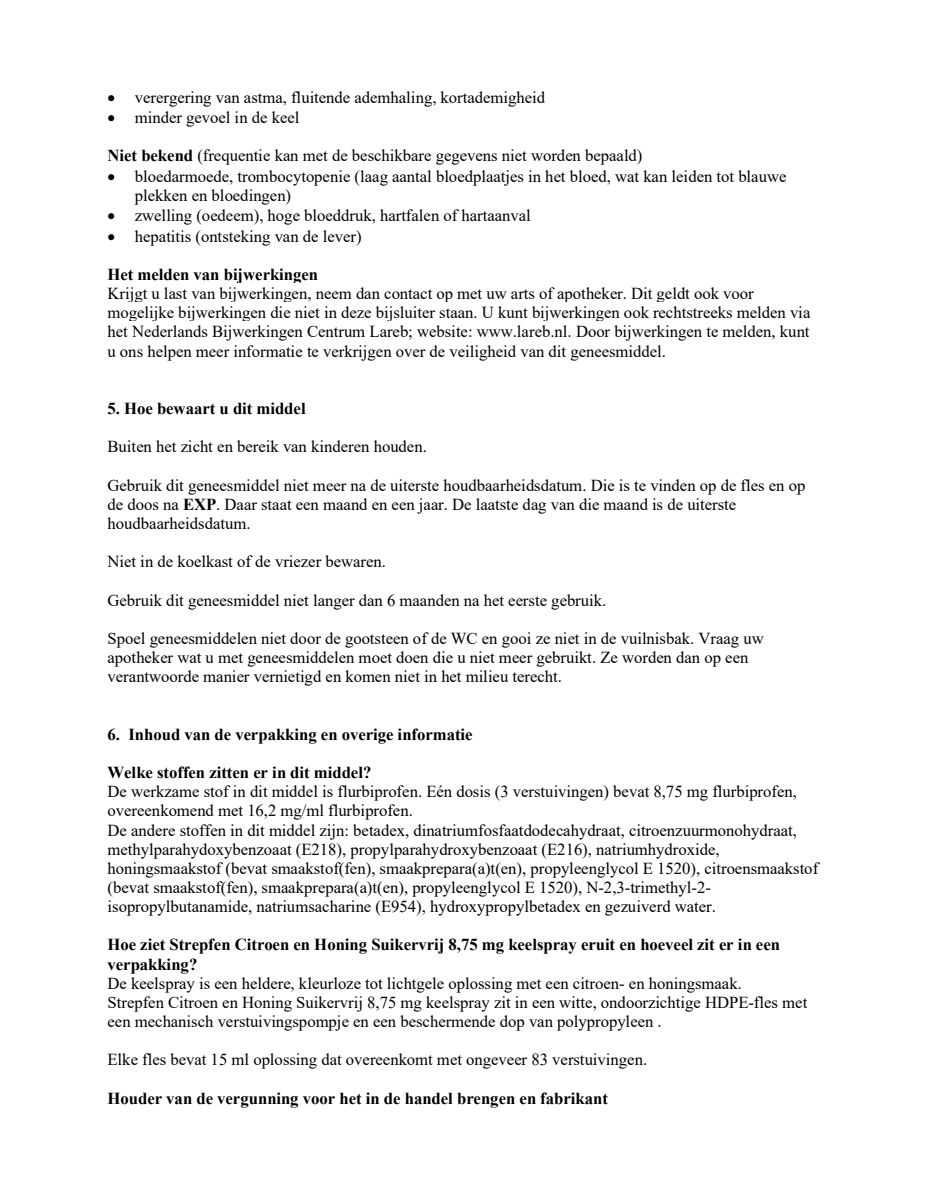 Citroen en Honing Suikervrij 8,75mg Keelspray afbeelding van document #6, leaflet