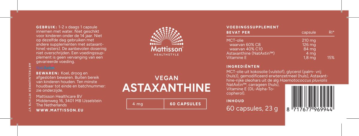 Vegan Astaxanthine 4mg Capsules afbeelding van document #1, label