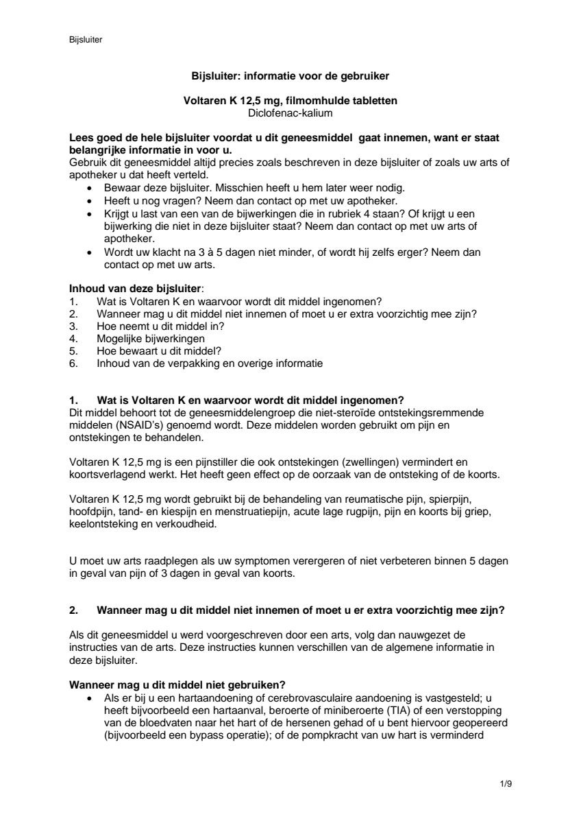 K 12,5 mg  pijnstiller Filmomhulde Tabletten Diclofenac-Kalium afbeelding van document #1, leaflet